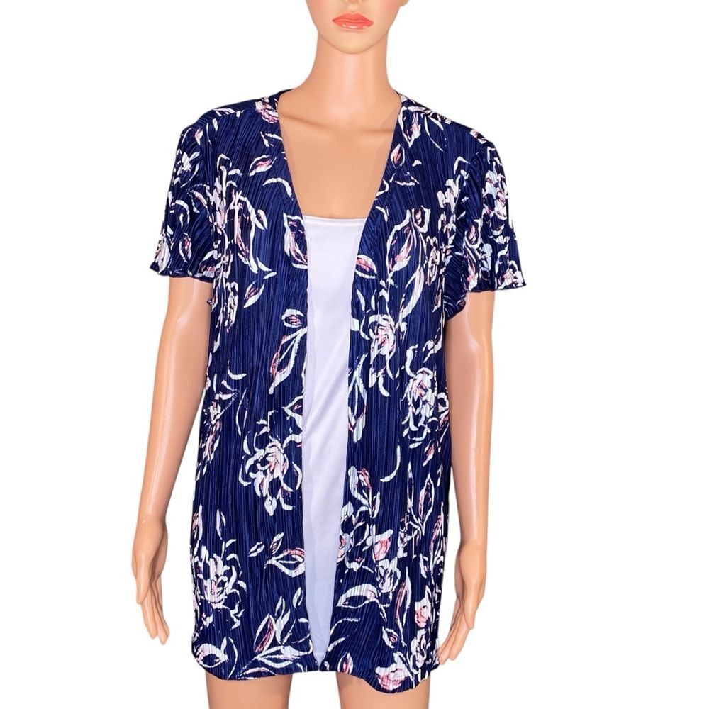 Sara Michelle Floral Navy Blue Kimono Style Top w Sewn In Tank Womens Size 2X